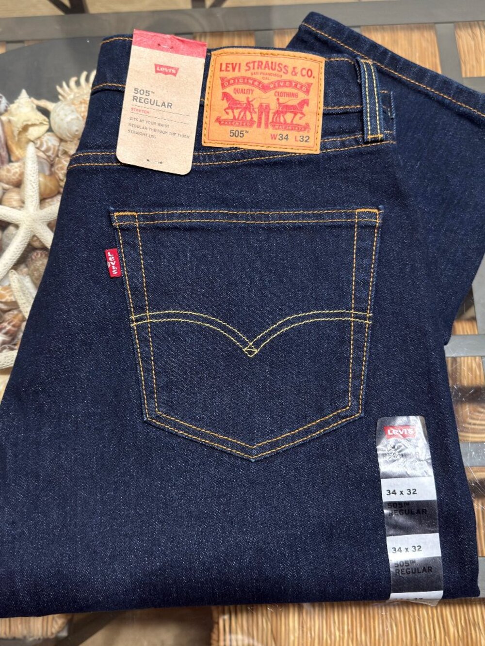 $70 LEVIS 505 MENS REGULAR STRAIGHT FIT 34X32 INDIGO WASH STRETCH DENIM JEAN NWT
